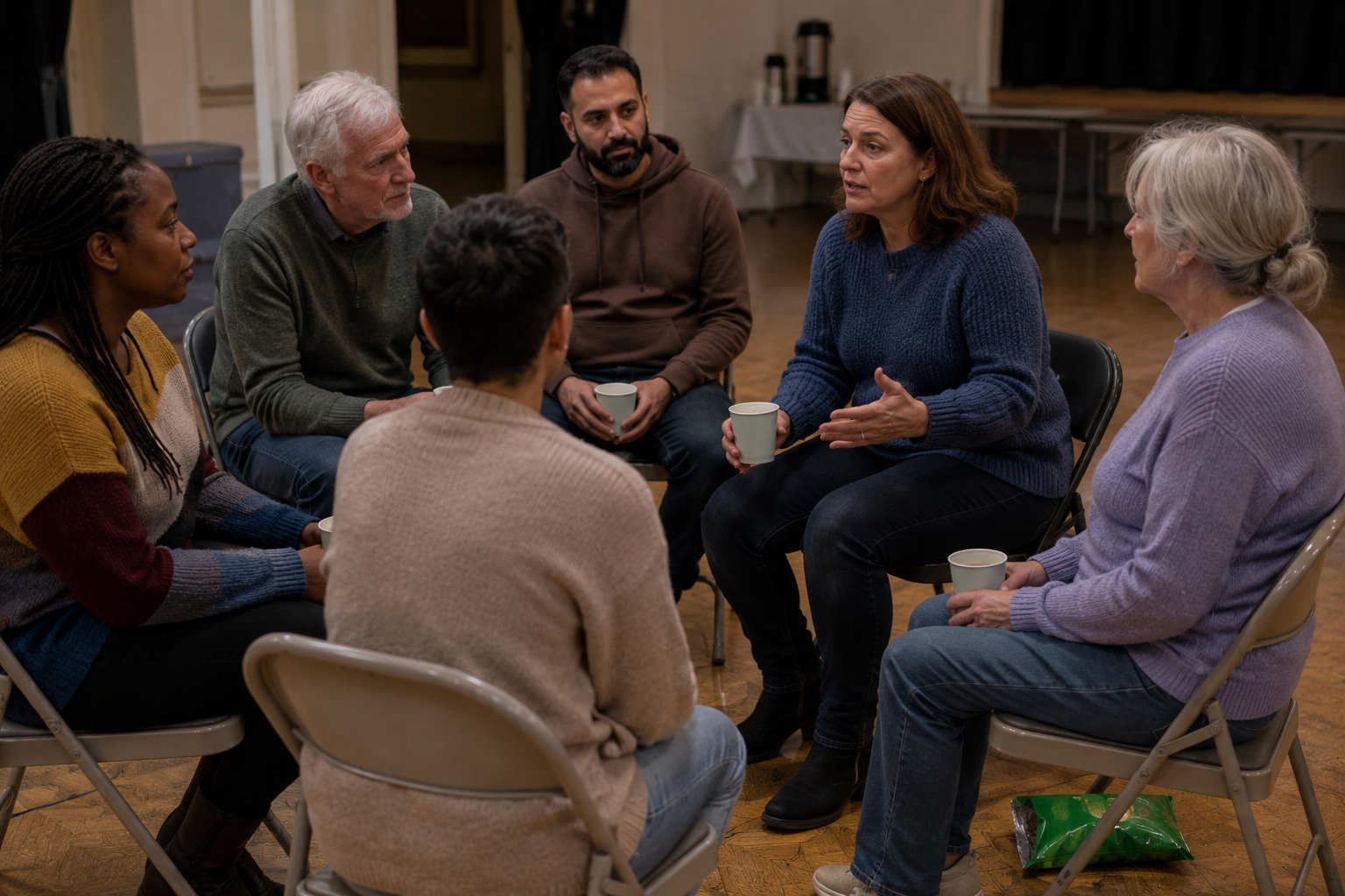 Six adults of different ages sit in a circle on folding chairs in a community hall, holding paper cups of tea. One is mid-sentence; a green crisp packet rests on the floor by a chair.