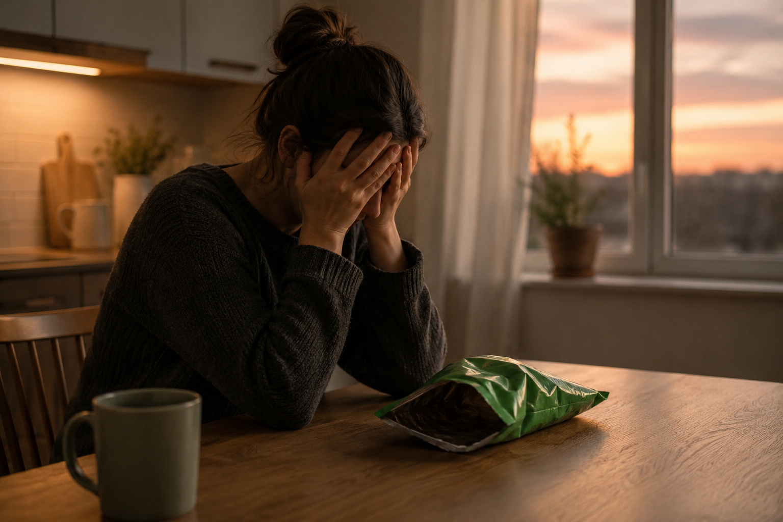 A person sits alone at a kitchen table at sunset, head buried in both hands, beside an open green crisp packet and a mug of tea.