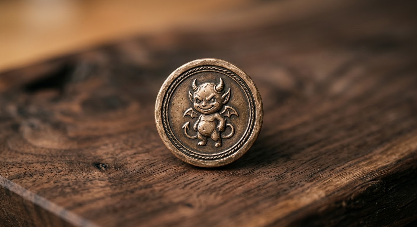 A small bronze recovery medallion resting on dark wood, engraved with a grinning winged demon figure in place of a number.