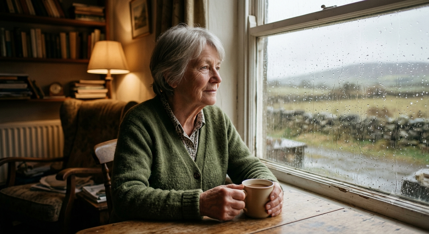 An older woman in a green cardigan sits at a table by a rain-streaked window, holding a mug of tea, looking quietly hopeful out over a green Irish landscape.